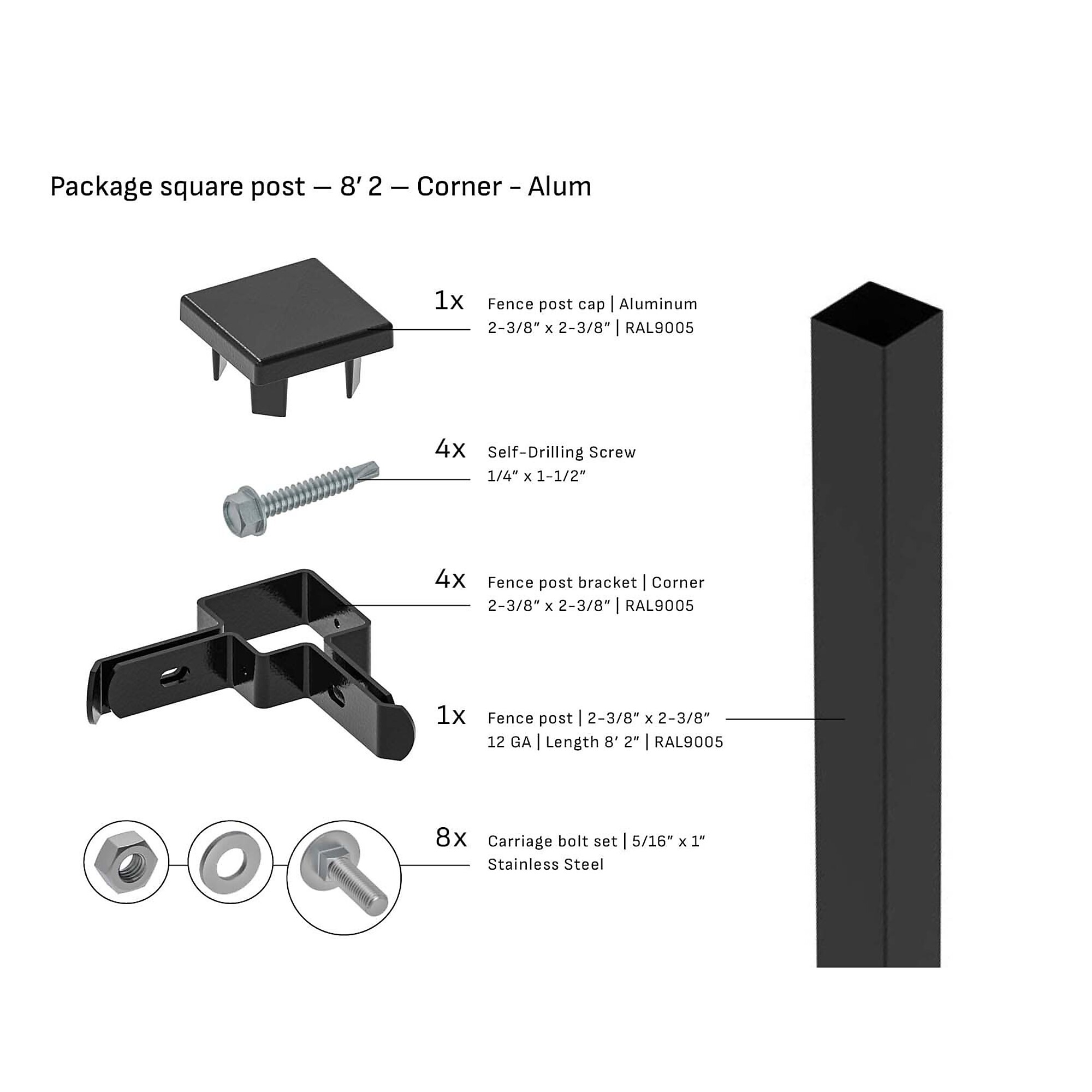 Tarter Square Steel Corner Fence Post — 2 3/8in. x 8ft. 2in., 12-Ga. Black Powder-Coated, Model# 2001005
